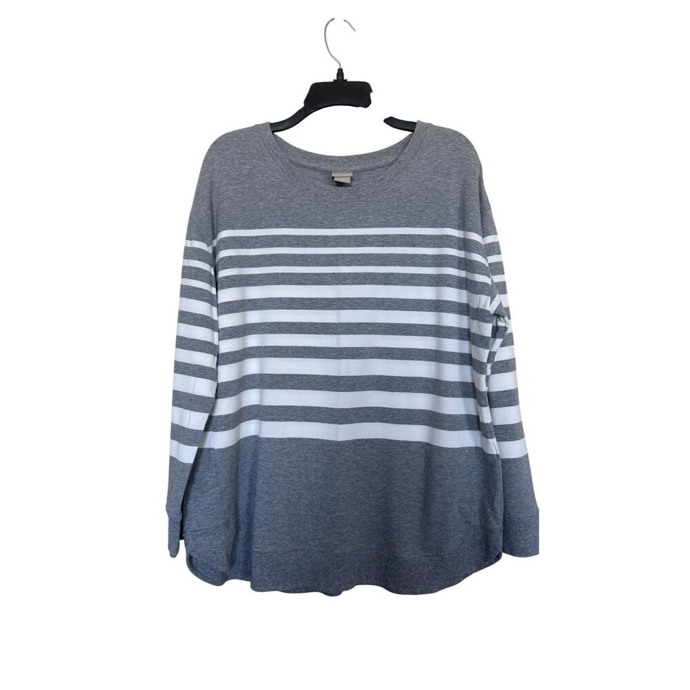 Chico’s ZENERGY Women’s Sz 2(L)  Gray White Striped Knit Top Rounded Hem